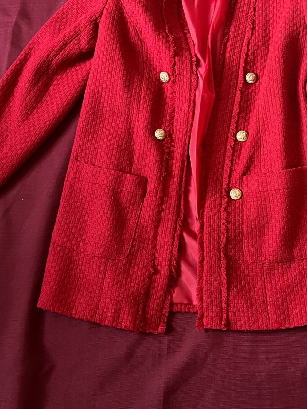 From SUZY SHEAR For Women Siz Red Tweed Blazer-SWith Gold Button Detail